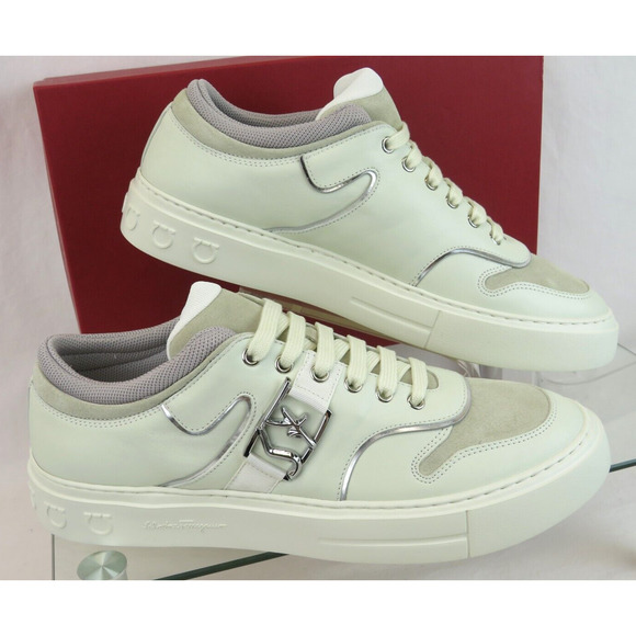 $795 FERRAGAMO NORIS WHITE LEATHER BEIGE SUEDE SF LOGO SNEAKERS 10 M ITALY main image 10